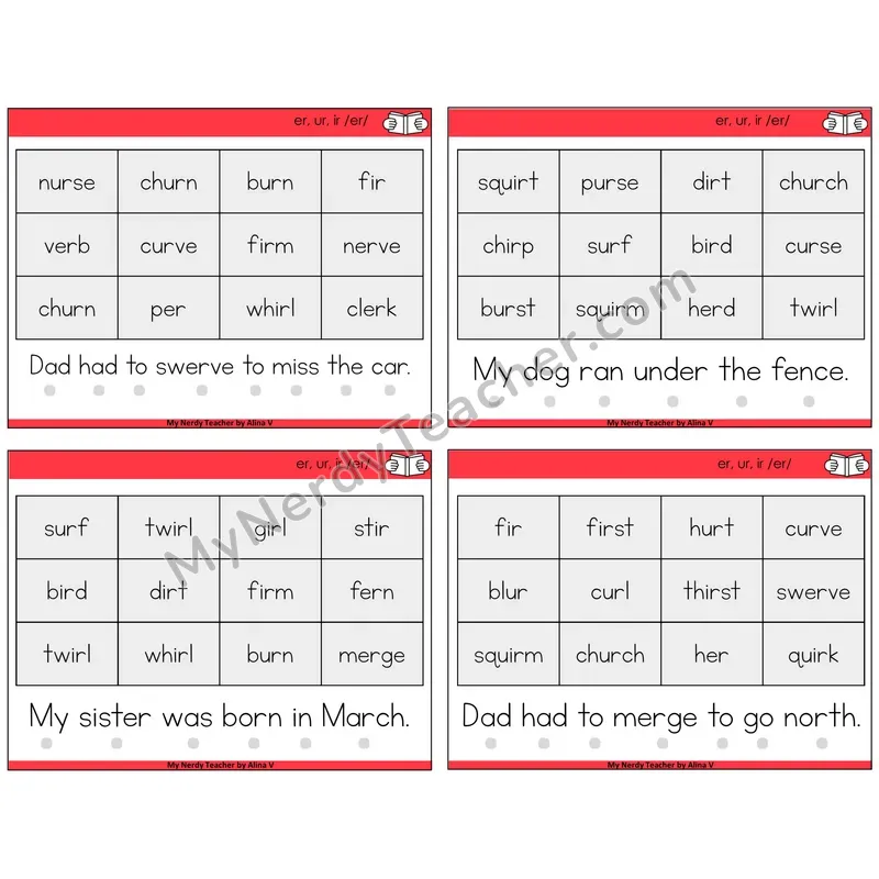 R-Controlled ER, UR, IR Decodable Fluency Mats Task Cards — Decodable Sentences