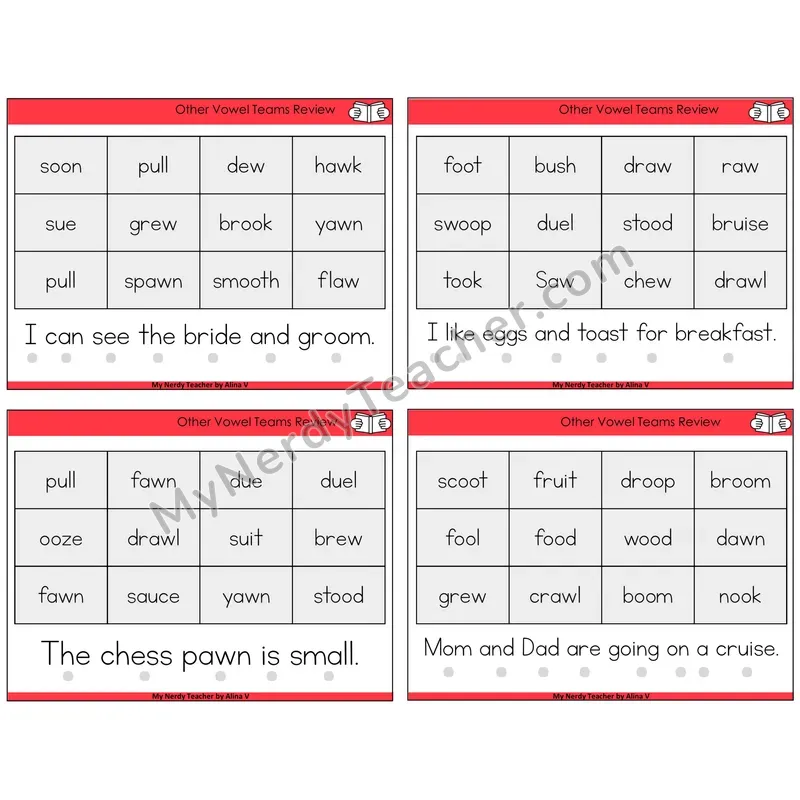 Other Vowel Teams Review Decodable Fluency Mats Task Cards — Decodable Sentences