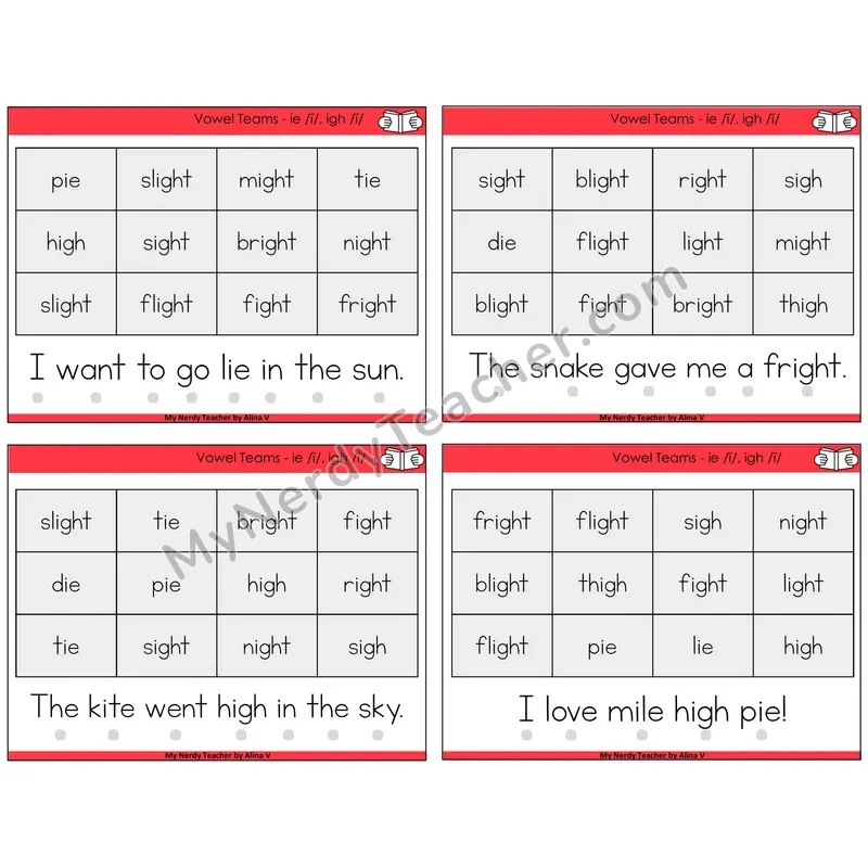Long I Vowel Teams (ie, igh) Decodable Fluency Mats Task Cards — Decodable Sentences