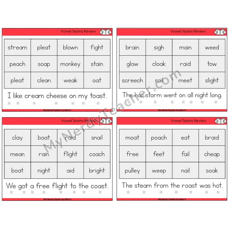 Long Vowel Teams Review Decodable Fluency Mats Task Cards — Decodable Sentences