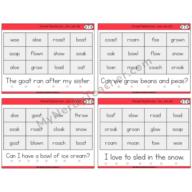Long O Vowel Teams (oa, ow, oe) Decodable Fluency Mats Task Cards — Decodable Sentences