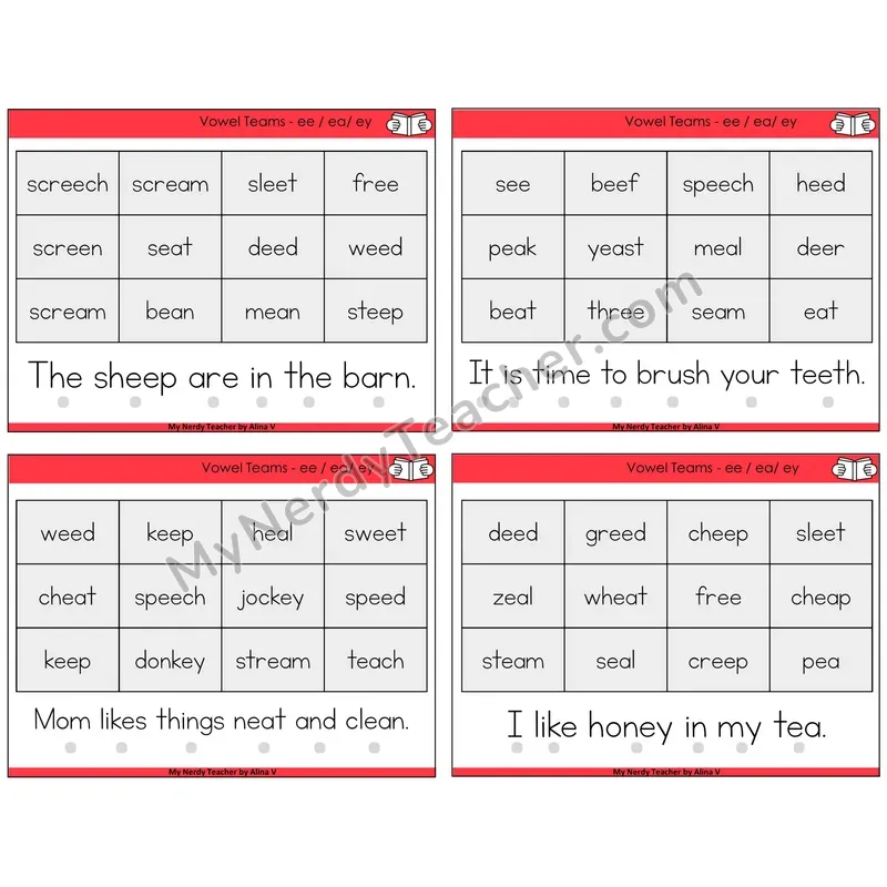 Long E Vowel Teams (ee, ea, ey) Decodable Fluency Mats Task Cards — Decodable Sentences