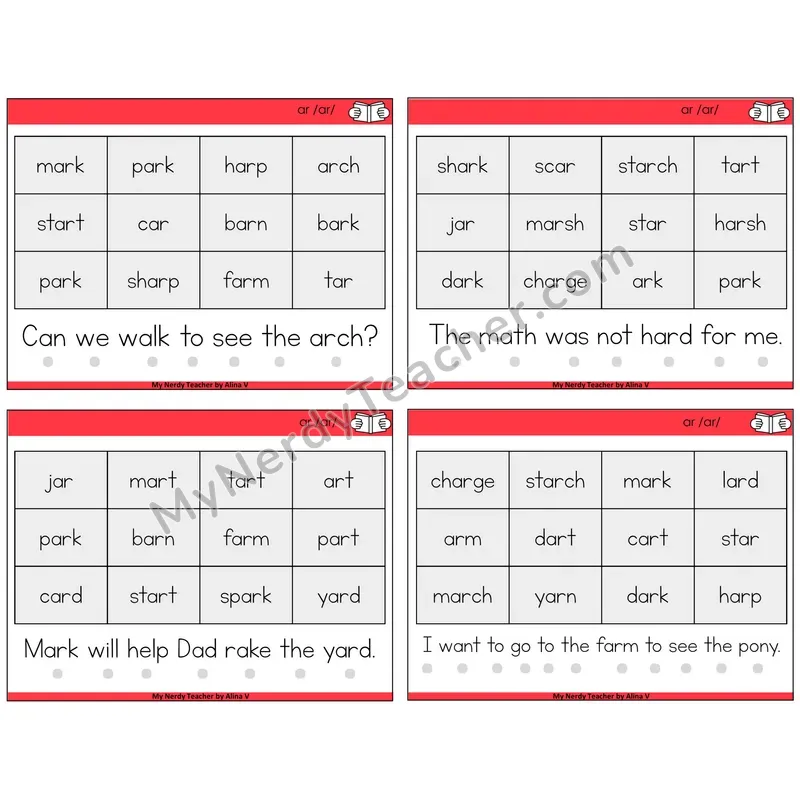 R-Controlled AR Decodable Fluency Mats Task Cards — Decodable Sentences