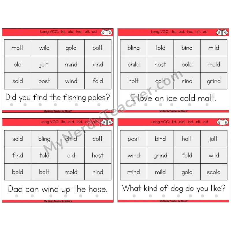 Long VCC Patterns Decodable Fluency Mats Task Cards — Decodable Sentences