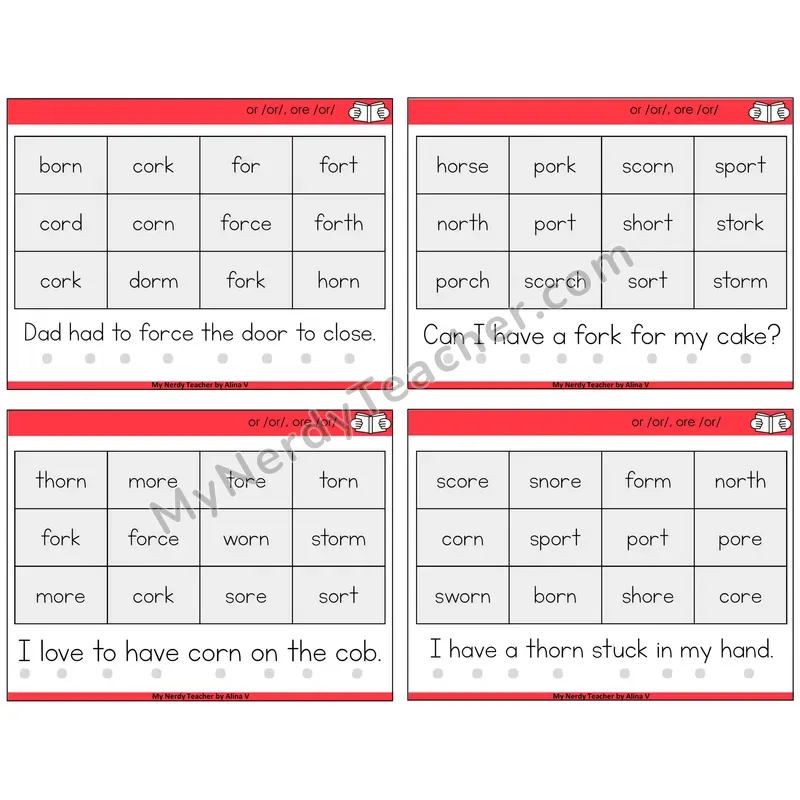 R-Controlled OR and ORE Decodable Fluency Mats Task Cards — Decodable Sentences
