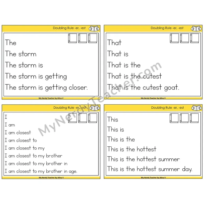 Doubling Rule -er, -est Sentence Pyramids Task Cards — Decodable Sentences