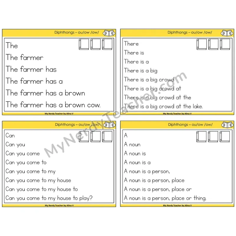 Diphthong OU and OW Sentence Pyramids Task Cards — Decodable Sentences