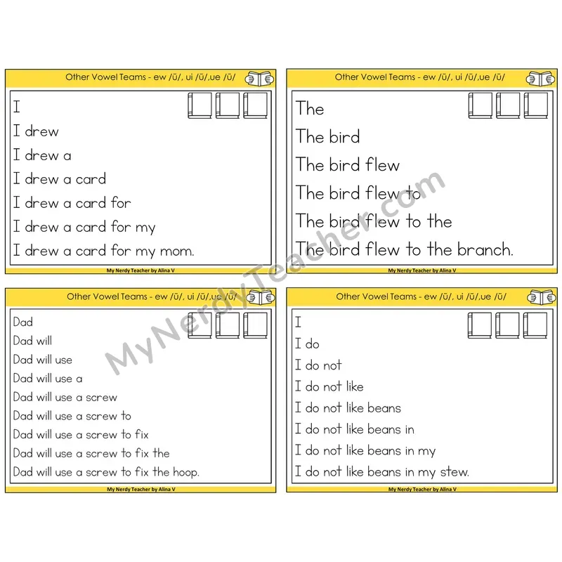 Long U (ew, ui, ue) Sentence Pyramids Task Cards — Decodable Sentences