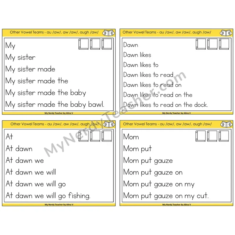 AU, AW, AUGH (/aw/) Sentence Pyramids Task Cards — Decodable Sentences
