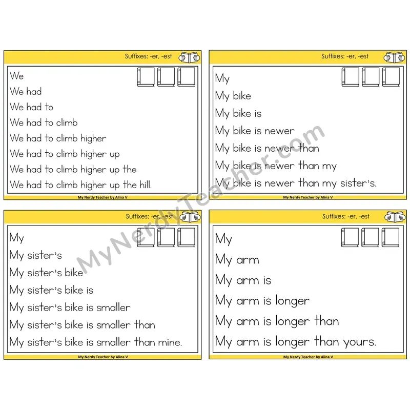 Suffixes -er and -est Sentence Pyramids Task Cards — Decodable Sentences