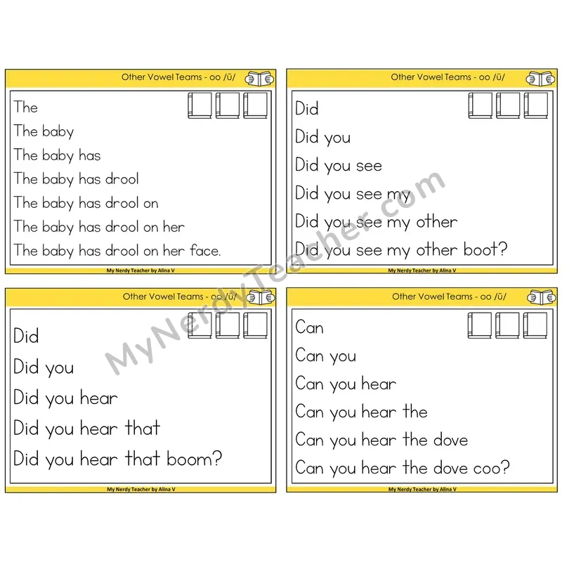 Long OO (/ū/) Sentence Pyramids Task Cards — Decodable Sentences