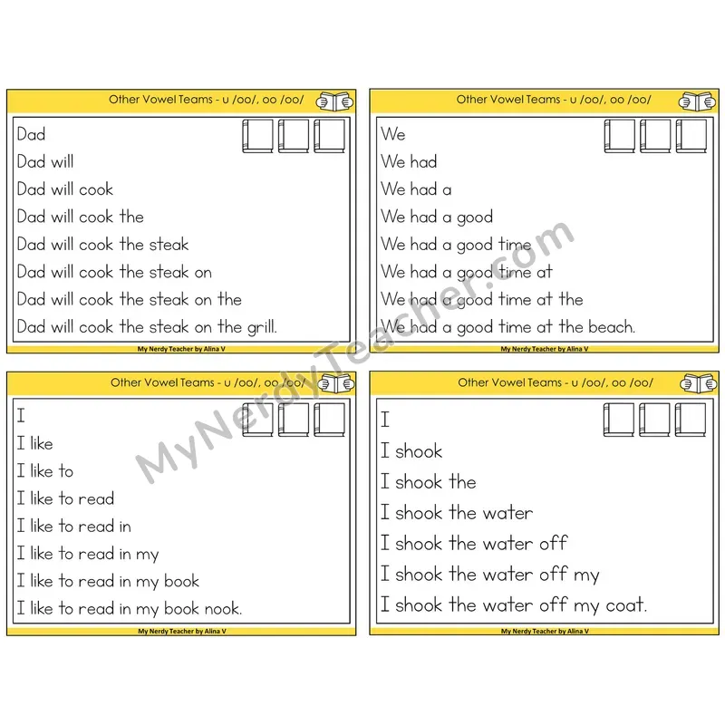 Short OO and U (/oo/) Sentence Pyramids Task Cards — Decodable Sentences