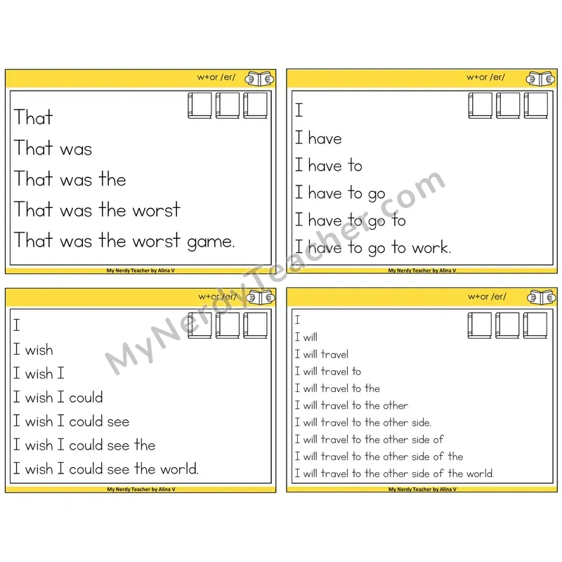 W+OR spelling /er/ Sentence Pyramids Task Cards — Decodable Sentences