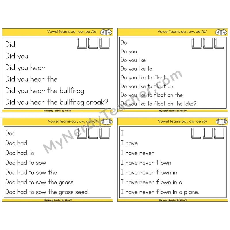 Long O Vowel Teams (oa, ow, oe) Sentence Pyramids Task Cards — Decodable Sentences