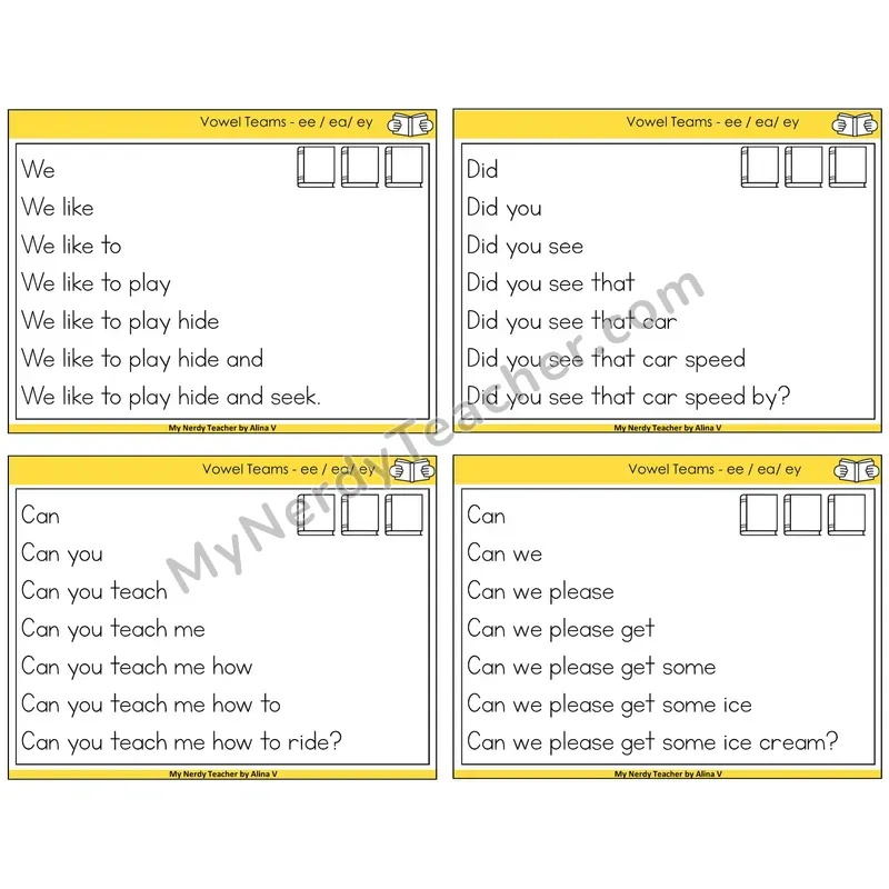 Long E Vowel Teams (ee, ea, ey) Sentence Pyramids Task Cards — Decodable Sentences