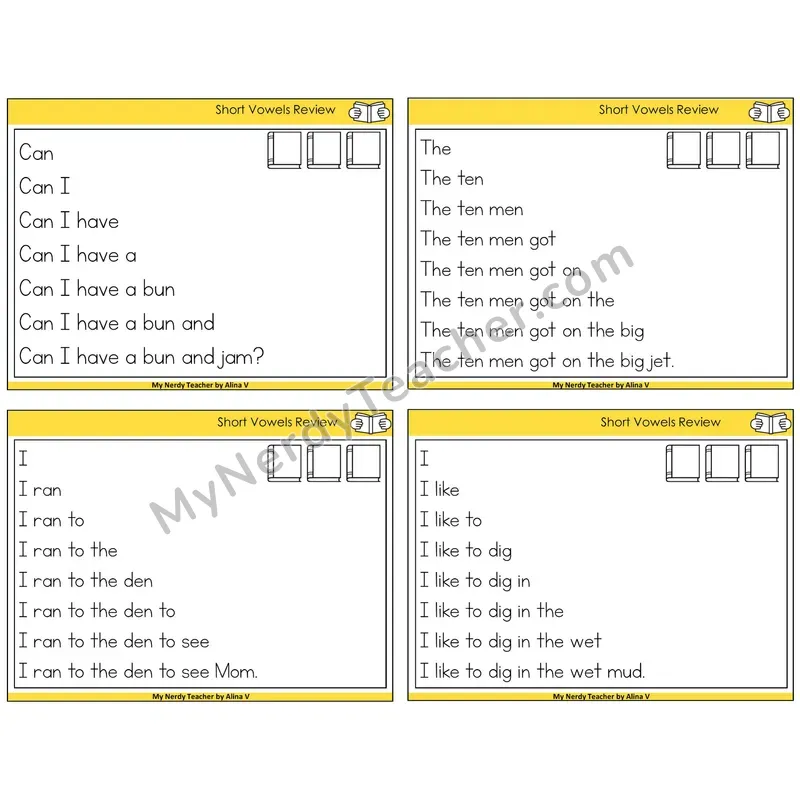Short Vowels Review Sentence Pyramids Task Cards — Decodable Sentences