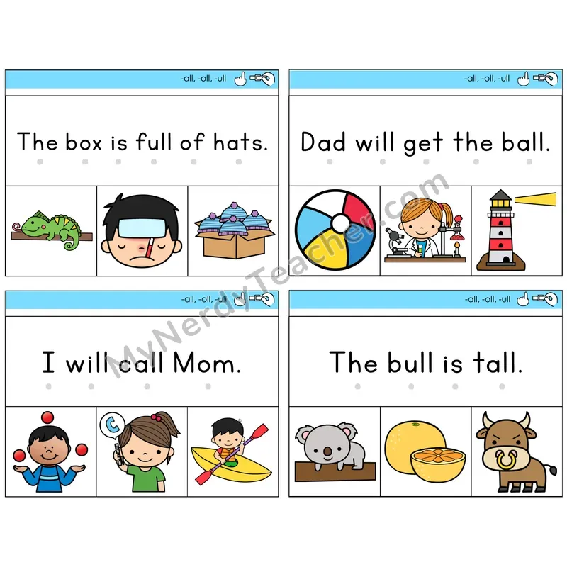 All, Oll, Ull Read and Clip Task Cards — Decodable Sentences