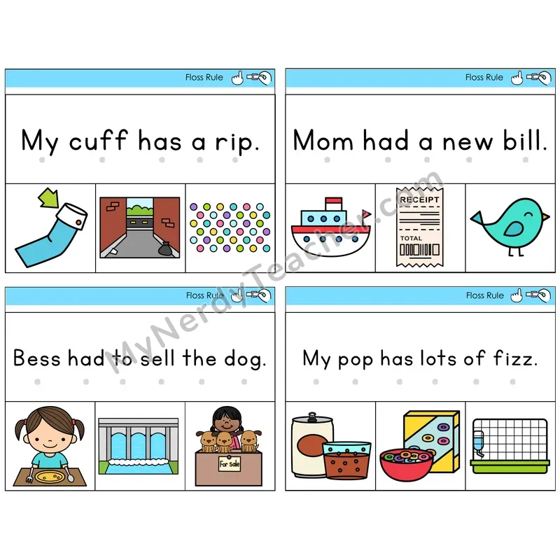 Floss Rule (ff, ll, ss, zz) Read and Clip Task Cards — Decodable Sentences