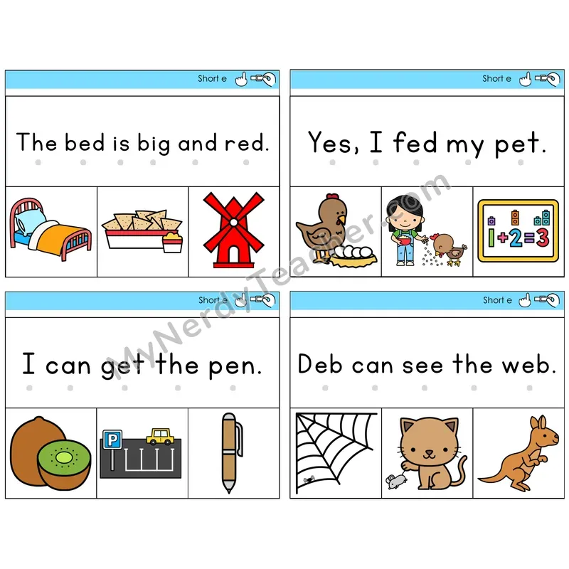 Short E Read and Clip Task Cards — Decodable Sentences