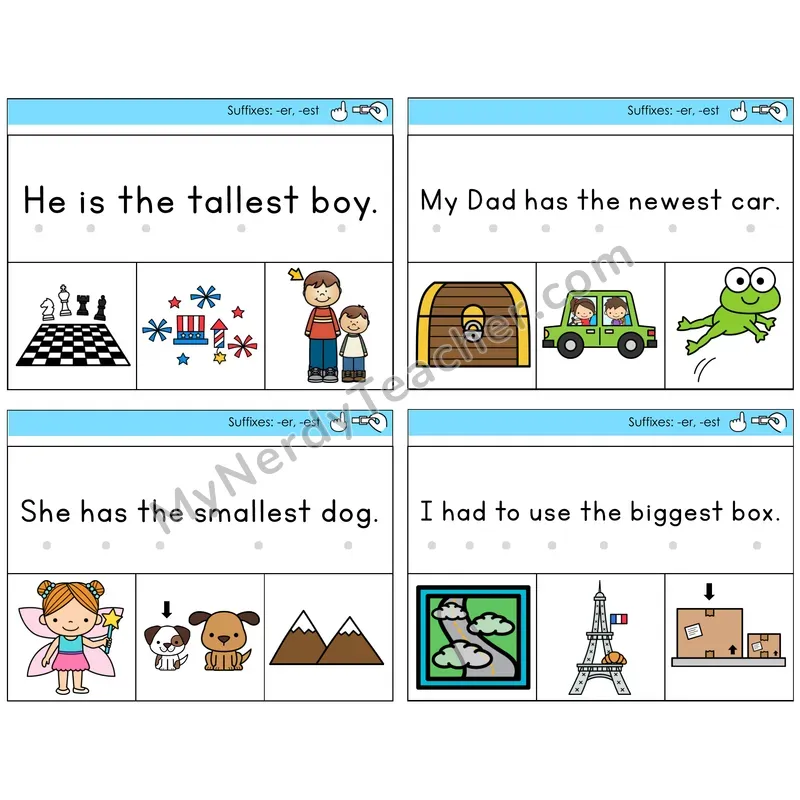 Suffixes -er and -est Read and Clip Task Cards — Decodable Sentences