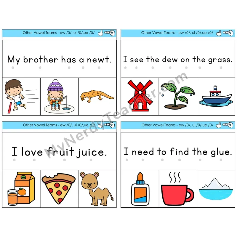 Long U (ew, ui, ue) Read and Clip Task Cards — Decodable Sentences