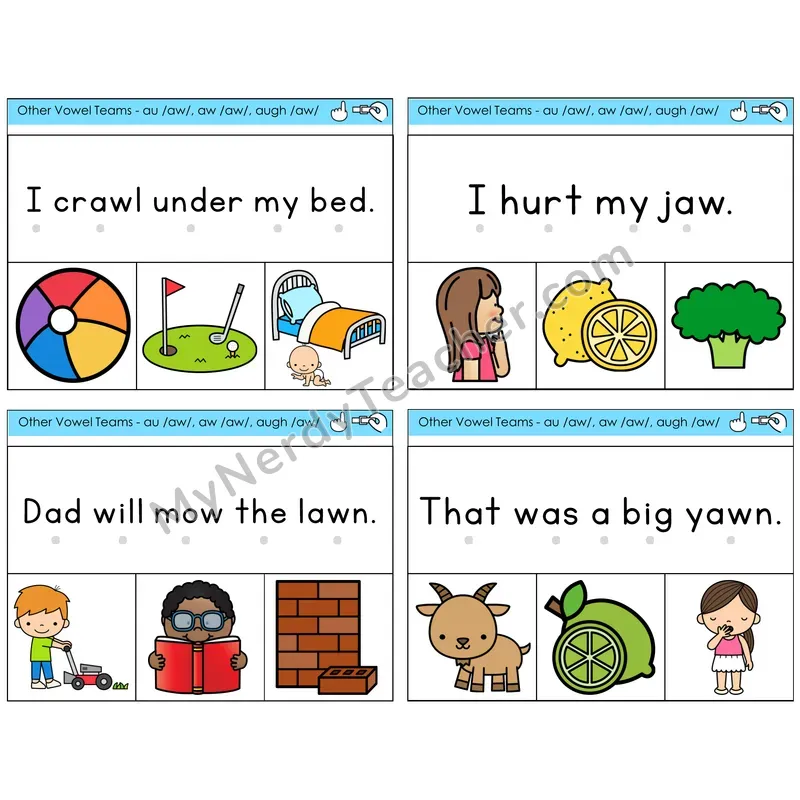 AU, AW, AUGH (/aw/) Read and Clip Task Cards — Decodable Sentences