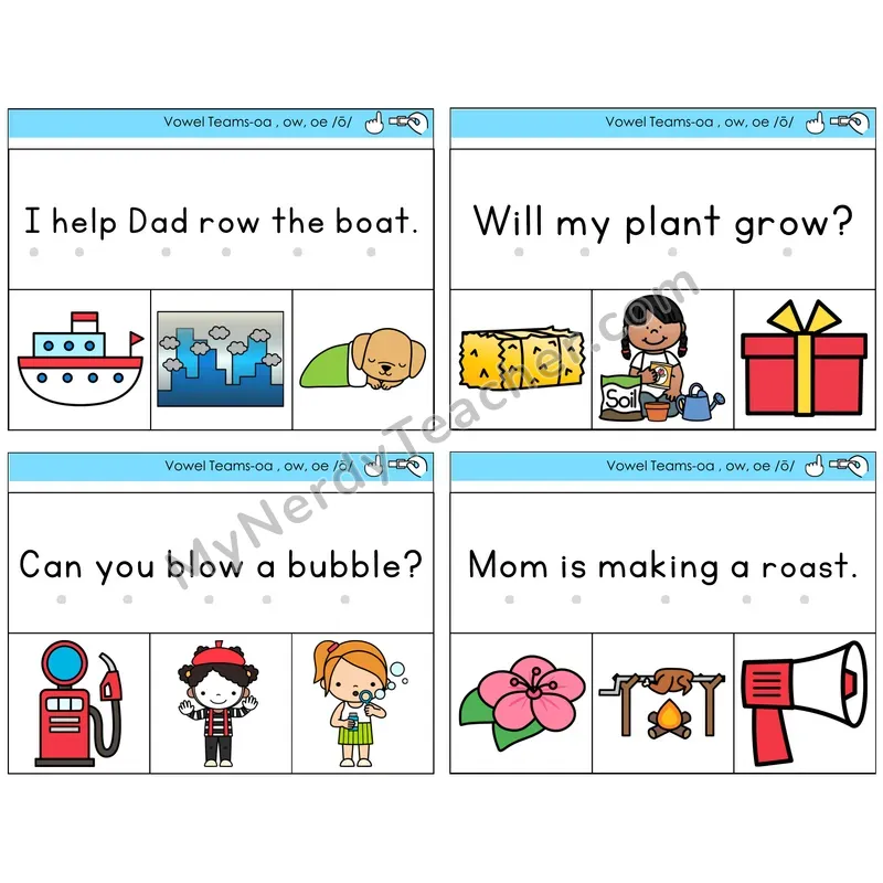 Long O Vowel Teams (oa, ow, oe) Read and Clip Task Cards — Decodable Sentences
