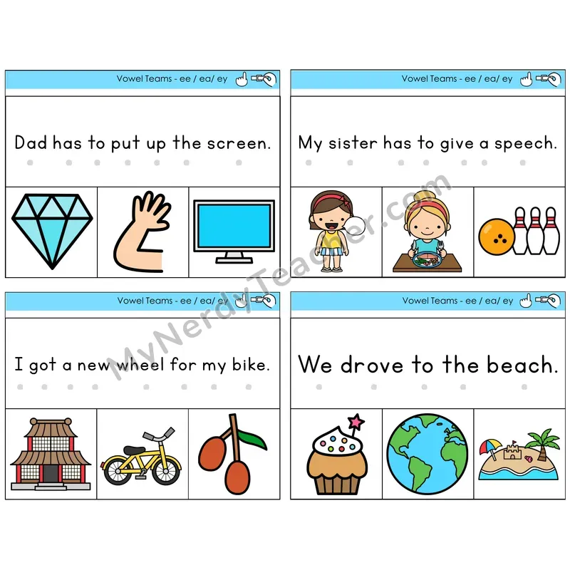 Long E Vowel Teams (ee, ea, ey) Read and Clip Task Cards — Decodable Sentences