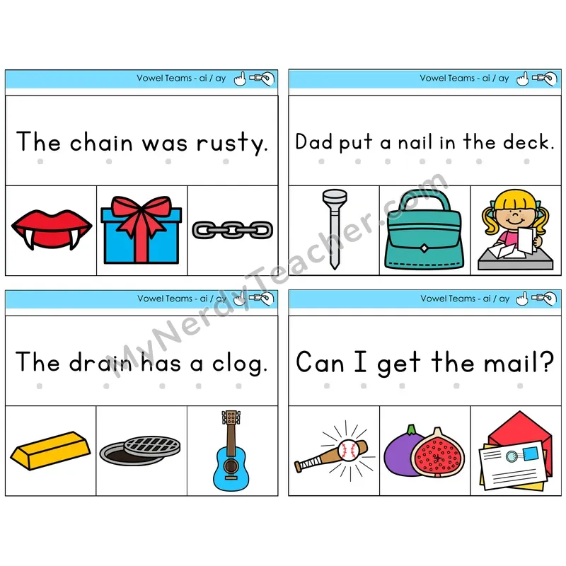 Long A Vowel Teams (ai, ay) Read and Clip Task Cards — Decodable Sentences