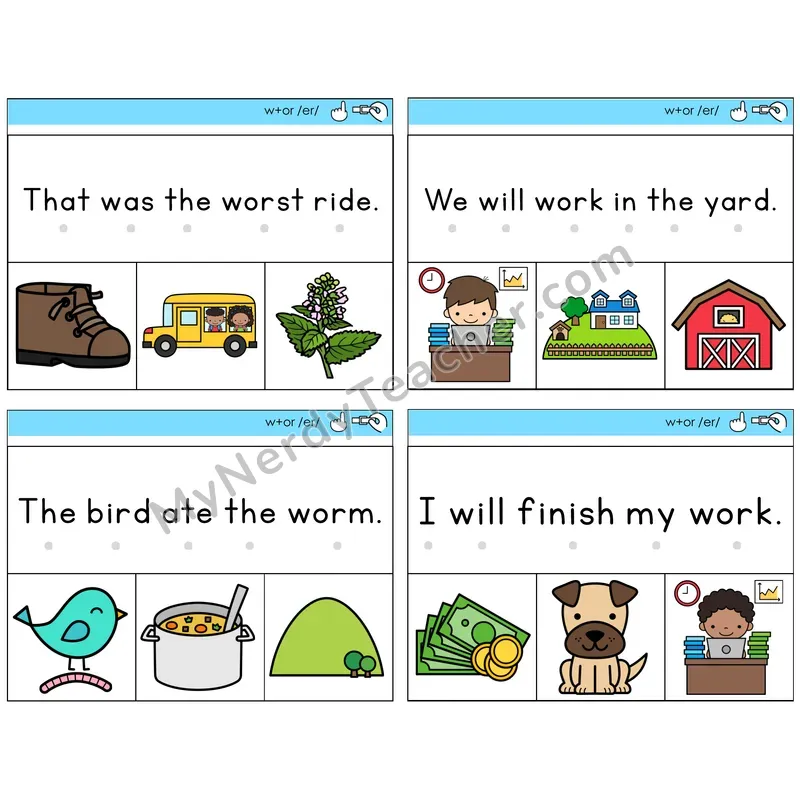 W+OR spelling /er/ Read and Clip Task Cards — Decodable Sentences