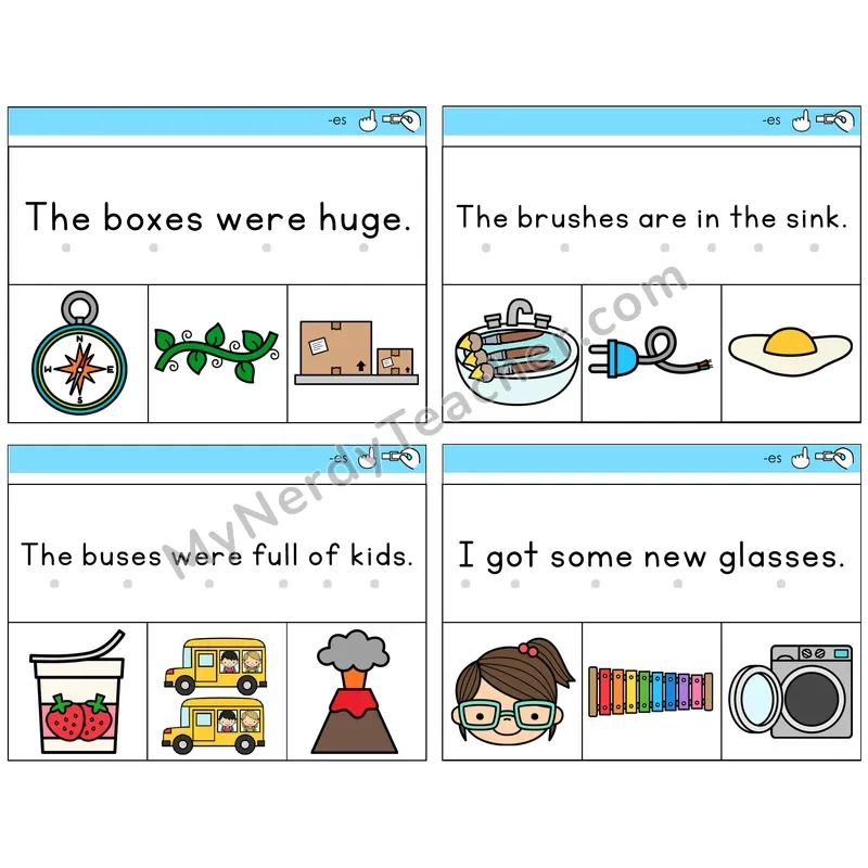 Suffix -es (Inflectional) Read and Clip Task Cards — Decodable Sentences