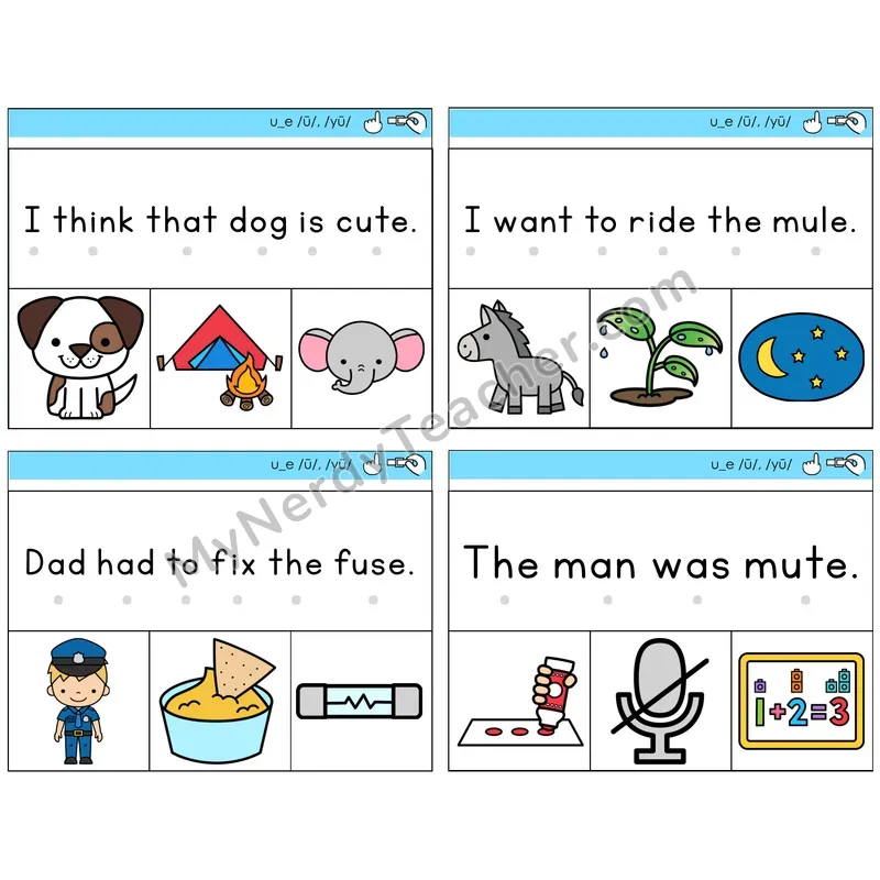 Long U VCe (u_e) Read and Clip Task Cards — Decodable Sentences