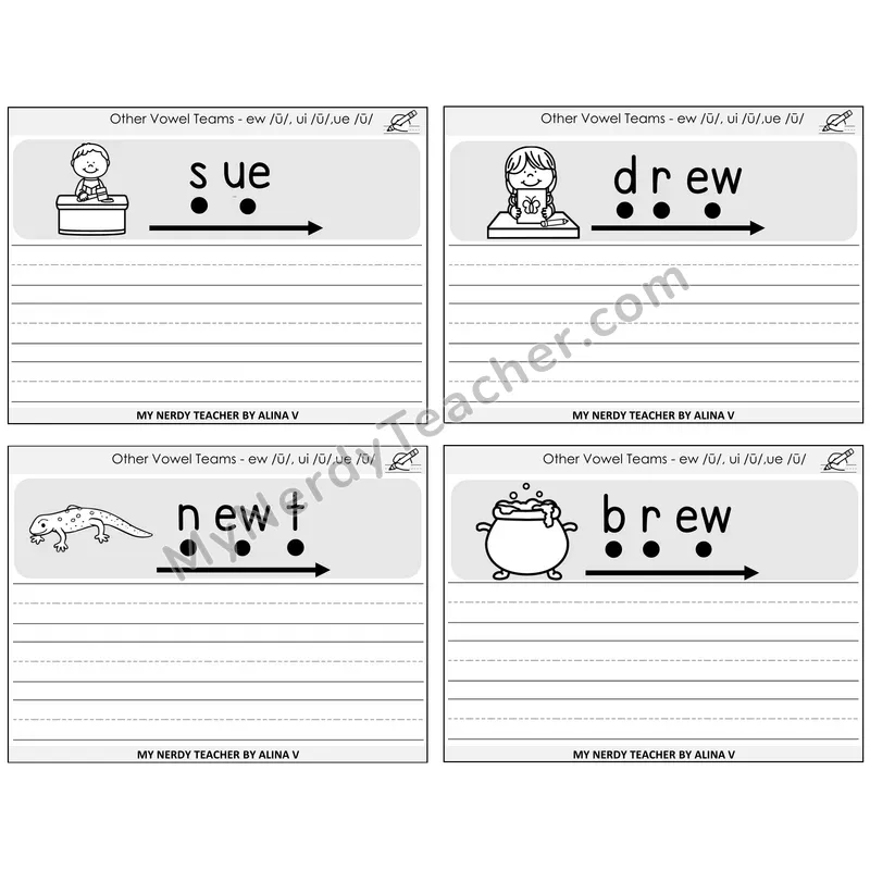 Long U (ew, ui, ue) Sentence Writing Task Cards — Decodable Sentences