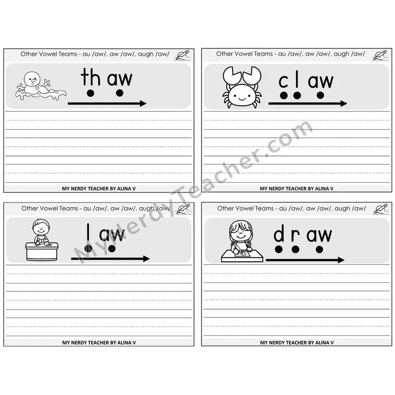 AU, AW, AUGH (/aw/) Sentence Writing Task Cards — Decodable Sentences