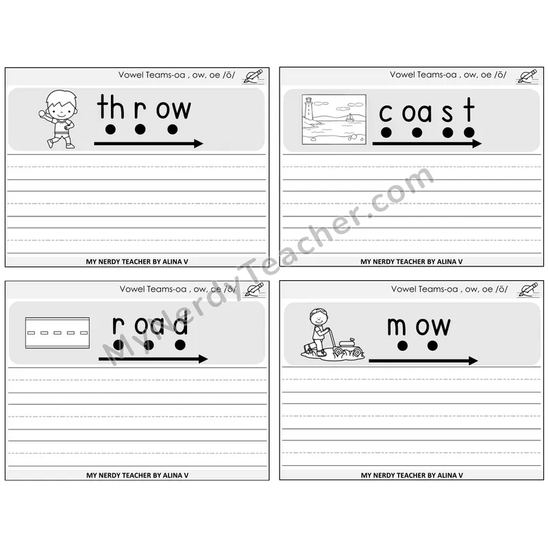 Long O Vowel Teams (oa, ow, oe) Sentence Writing Task Cards — Decodable Sentences