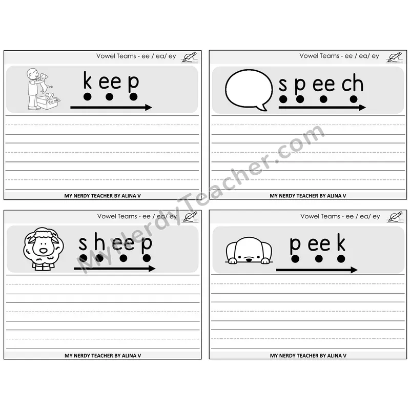 Long E Vowel Teams (ee, ea, ey) Sentence Writing Task Cards — Decodable Sentences