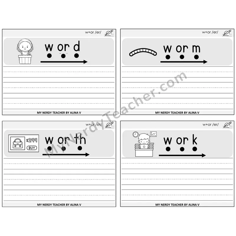 W+OR spelling /er/ Sentence Writing Task Cards — Decodable Sentences