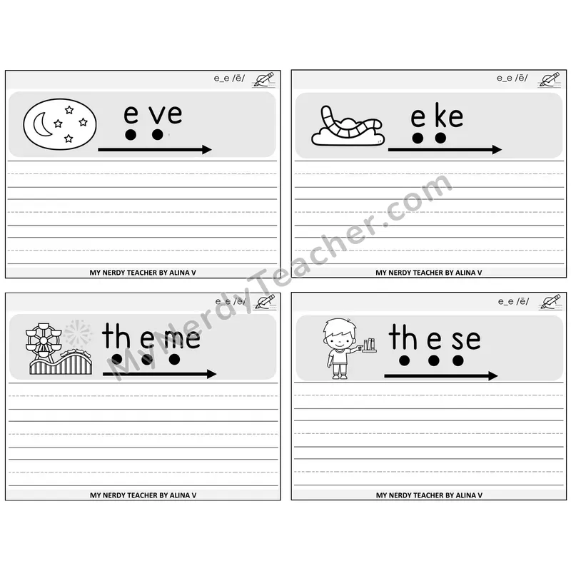 Long E VCe (e_e) Sentence Writing Task Cards — Decodable Sentences