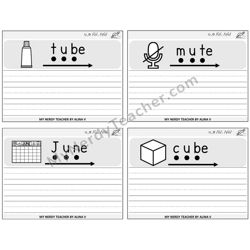 Long U VCe (u_e) Sentence Writing Task Cards — Decodable Sentences