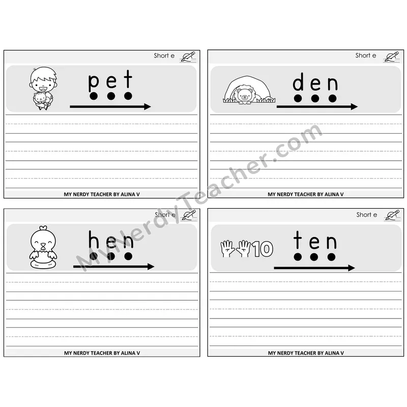Short E Sentence Writing Task Cards — Decodable Sentences