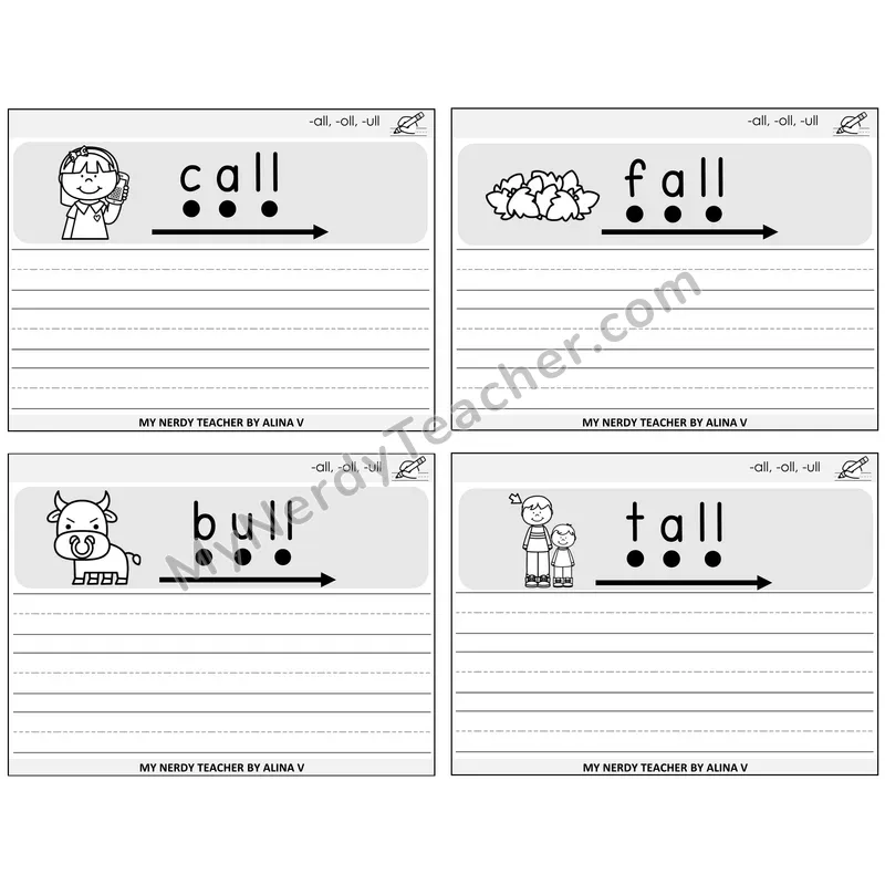 All, Oll, Ull Sentence Writing Task Cards — Decodable Sentences