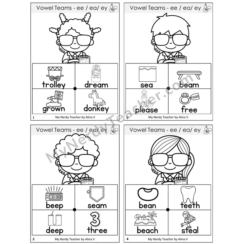 Long E Vowel Teams (ee, ea, ey) Word Spinners Task Cards — Decodable Sentences