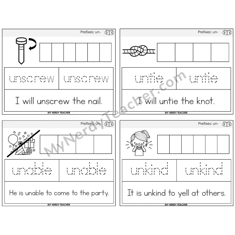 Prefix un- Graph Trace Read Task Cards — Decodable Sentences