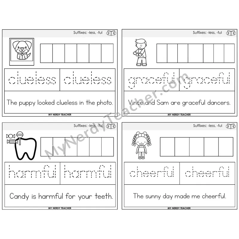Suffixes -less and -ful Graph Trace Read Task Cards — Decodable Sentences