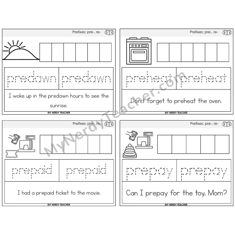 Prefixes pre- and re- Graph Trace Read Task Cards — Decodable Sentences