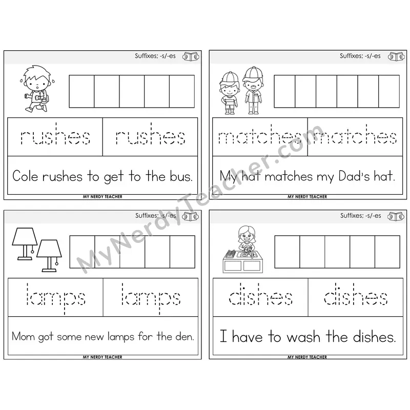 Suffixes -s and -es Graph Trace Read Task Cards — Decodable Sentences
