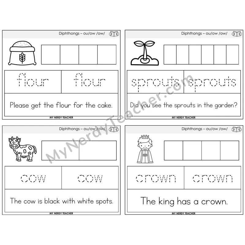 Diphthong OU and OW Graph Trace Read Task Cards — Decodable Sentences