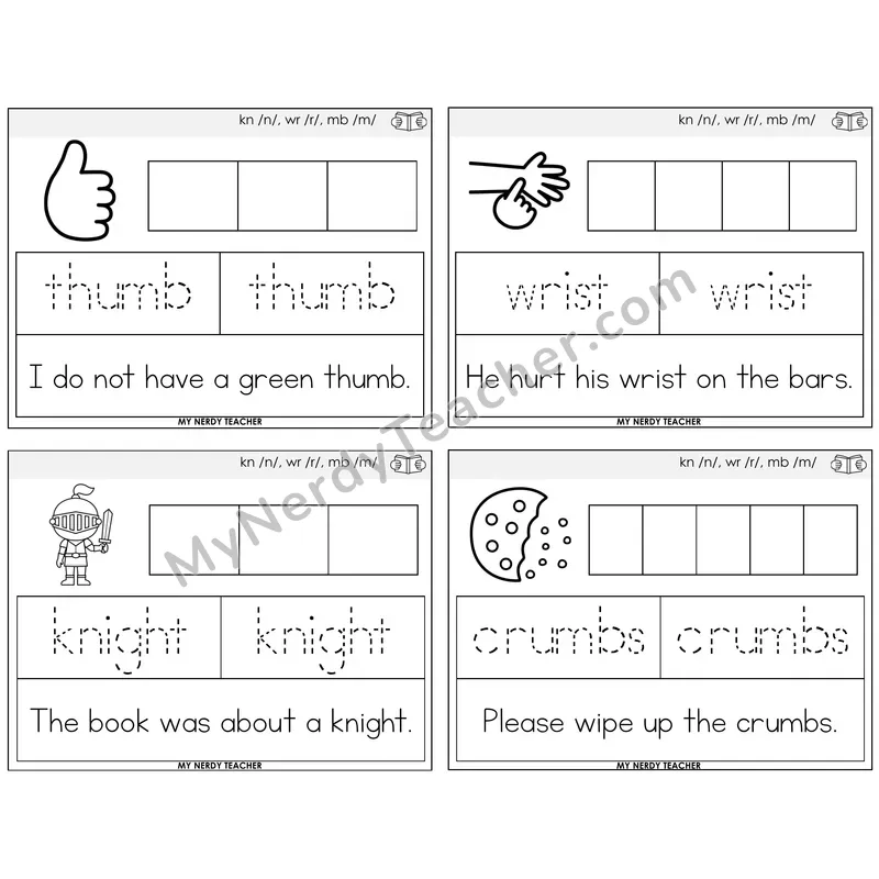 Silent Letters (kn, wr, mb) Graph Trace Read Task Cards — Decodable Sentences