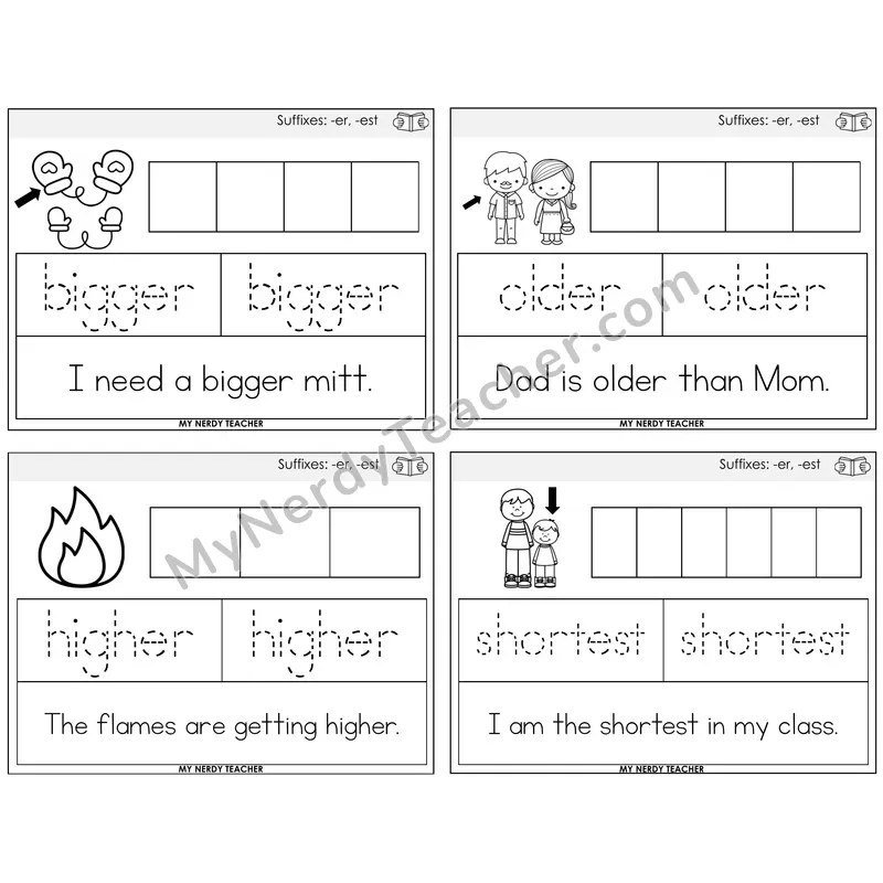 Suffixes -er and -est Graph Trace Read Task Cards — Decodable Sentences
