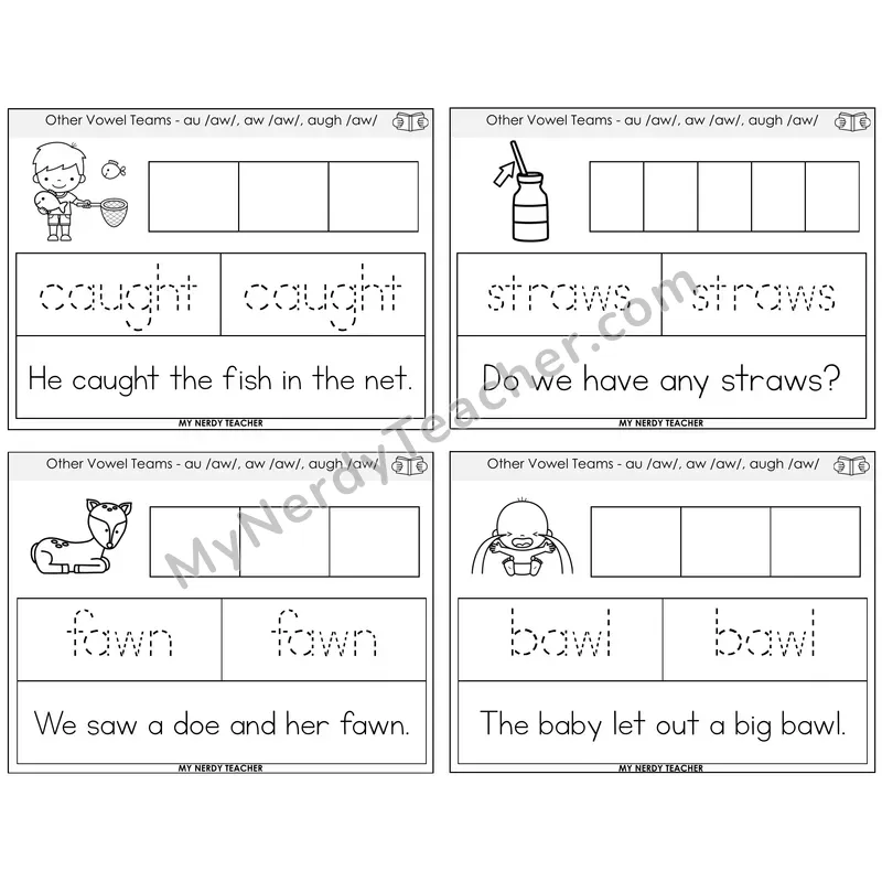 AU, AW, AUGH (/aw/) Graph Trace Read Task Cards — Decodable Sentences